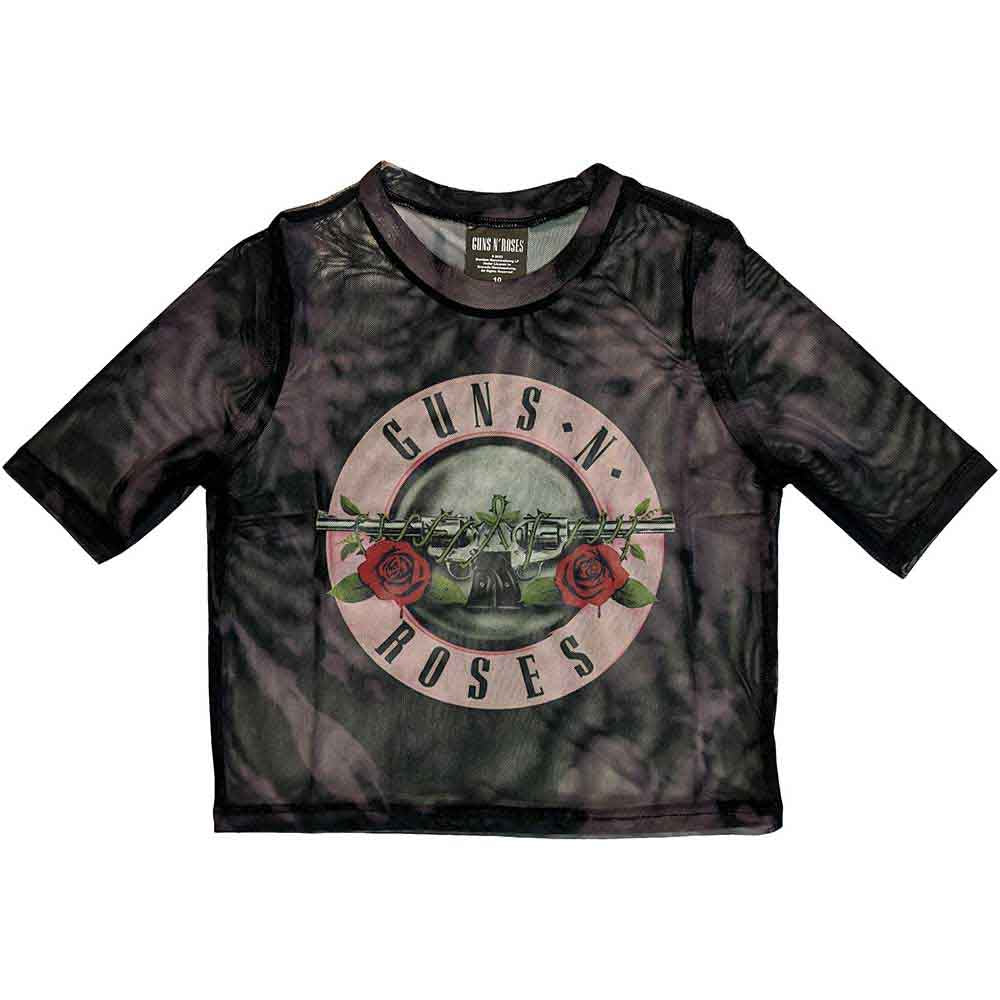 Guns N Roses Women's Mesh Short Sleeve Crop Top - Pink Tint Bullet Logo