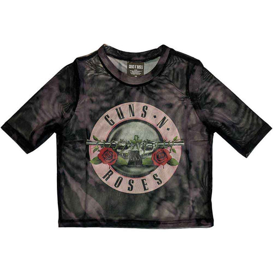 Guns N Roses Women's Mesh Short Sleeve Crop Top - Pink Tint Bullet Logo