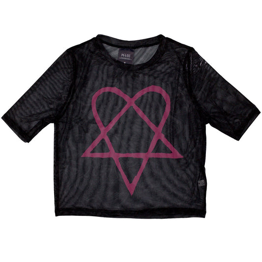 HIM Women's Mesh Short Sleeve Crop Top - Pink Heartagram