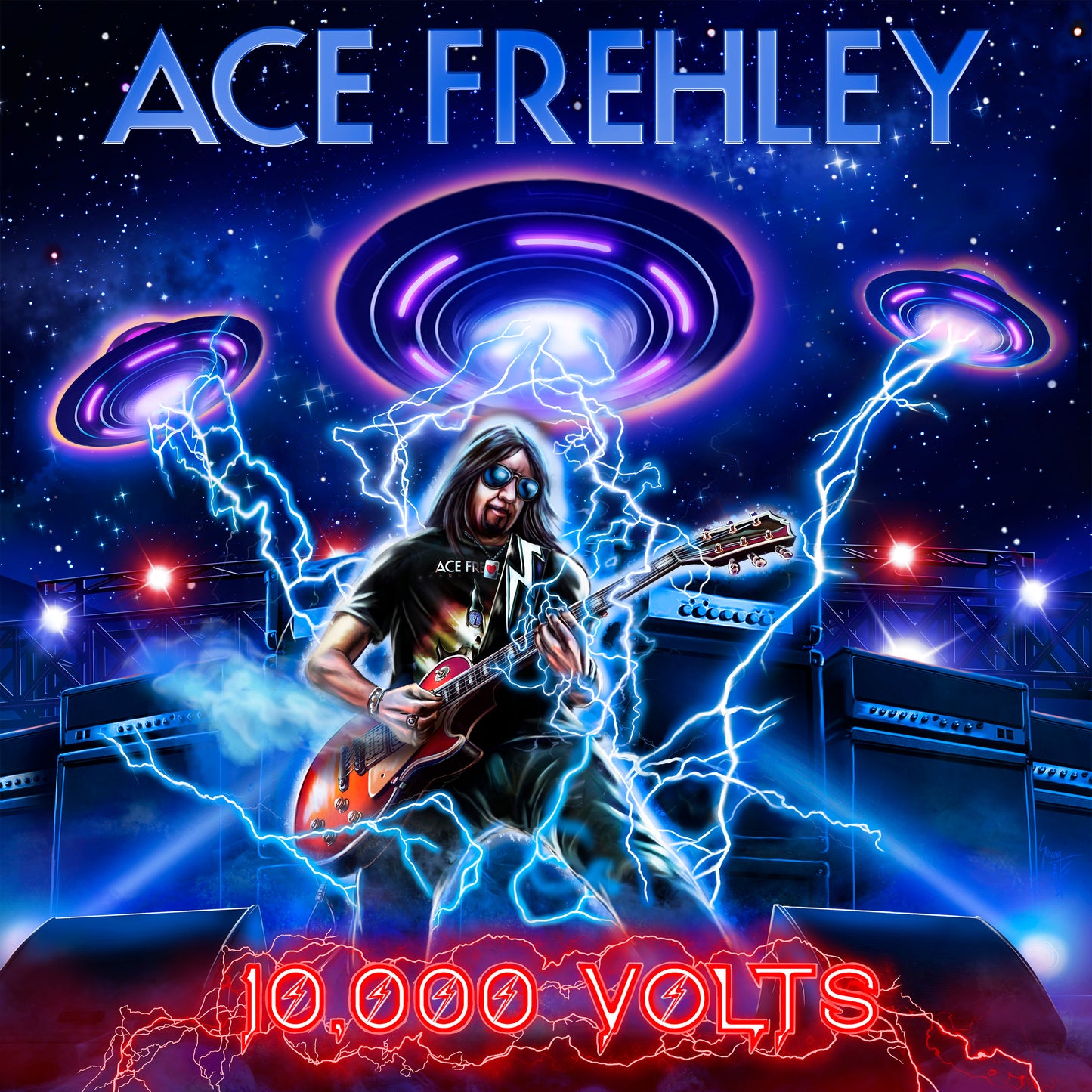 Ace Frehley LP - 10,000 Volts (Edge Only Splatter - Metal Gym Locker - Red Splatter) | Buy Now For 39.99