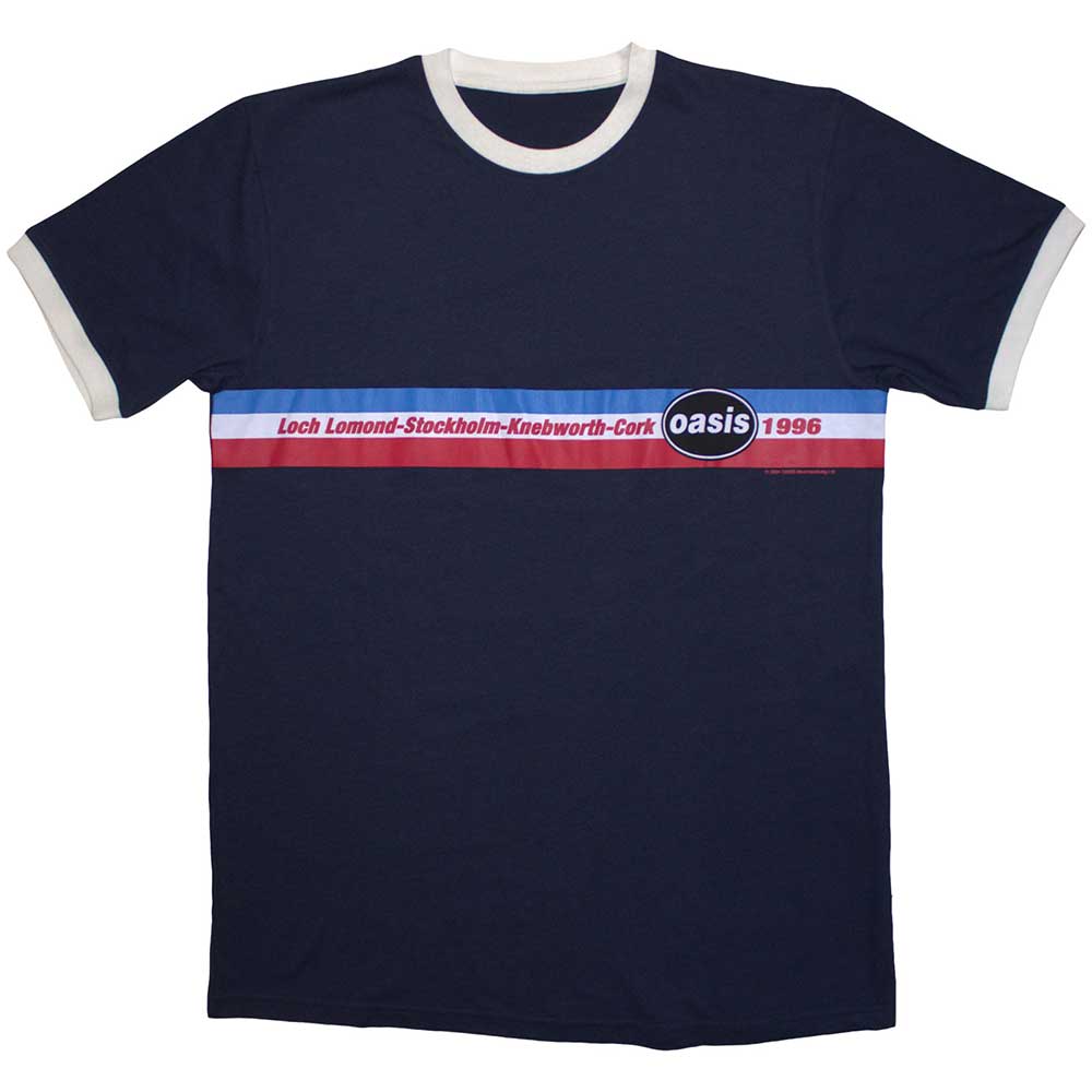 Oasis Navy T Shirt - 1996 Tour Horizontal Stripes Ringer