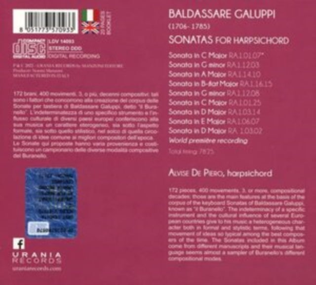 Alvise De Piero CD - Galuppi: Sonatas For Harpsichord