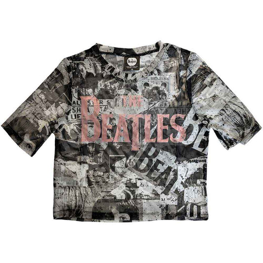 The Beatles Womens Mesh Short Sleeve Crop Top - AOP & Drop T Logo