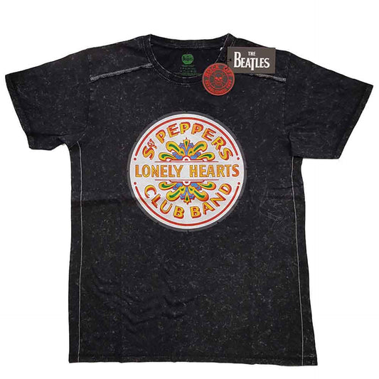 The Beatles Black T Shirt - Sgt Pepper Drum Snow Wash