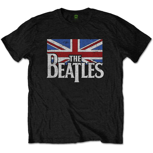 The Beatles Black T Shirt - Drop T Logo & Vintage Flag