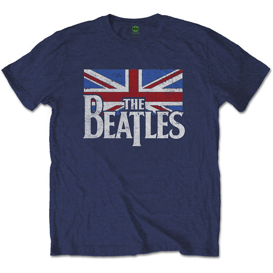 The Beatles Navy T Shirt - Drop T Logo & Vintage Flag