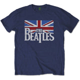 The Beatles Navy T Shirt - Drop T Logo & Vintage Flag