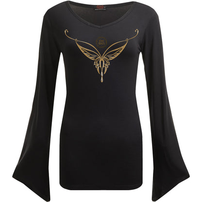 LOTR - ELVEN NECKLACE - V Neck Goth Sleeve Top Black