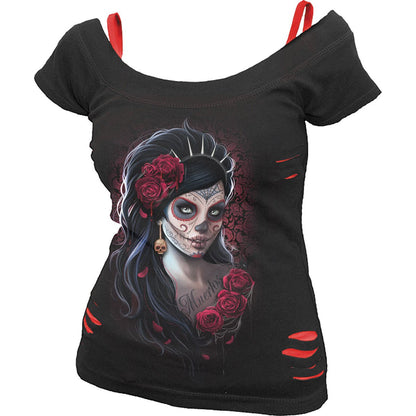 DAY OF THE DEAD - 2in1 Red Ripped Top Black