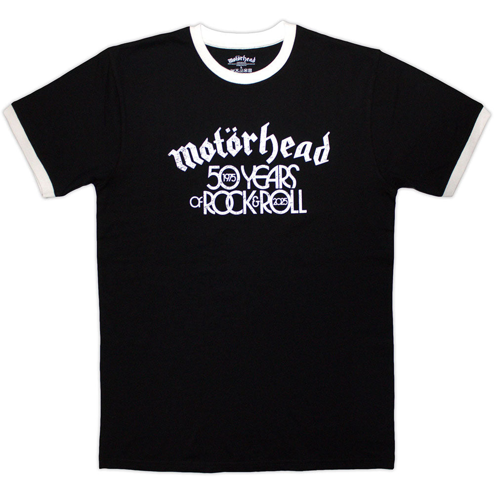 Motorhead T Shirt - 50 Years Text Lock Up Ringer | Buy Now For 24.99