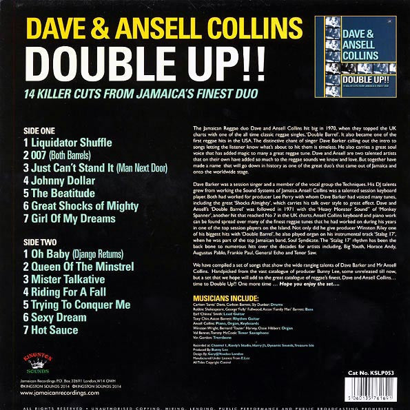 Dave & Ansel Collins  LP -  Double Up!! 18 Killer Cuts From Jamaica's Finest Duo (180g)