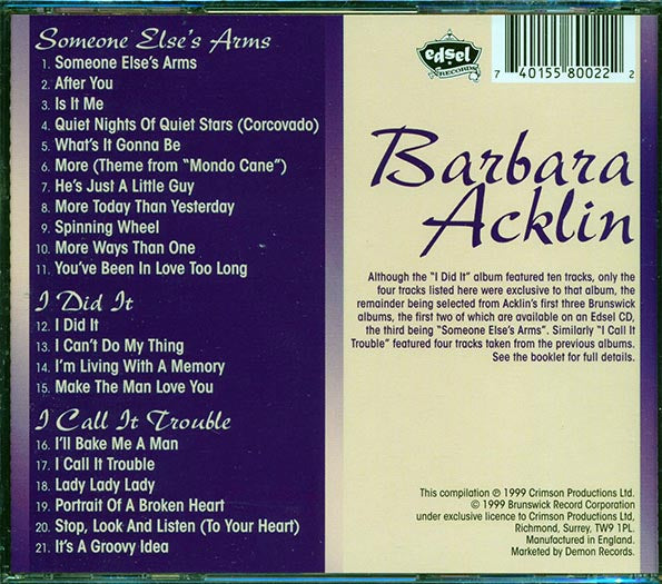 Barbara Acklin  CD -  Someone Else's Arms + I Did It + I Call It Trouble (21 tracks)