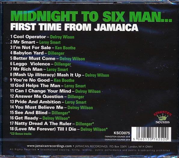 Dillinger, Delroy Wilson, Ken Boothe, Leroy Smart, Etc.  CD -  Midnight To Six Man: First Time From Jamaica