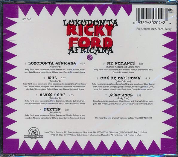 Ricky Ford  CD -  Loxodonta Africana (incl. 8 page booklet)